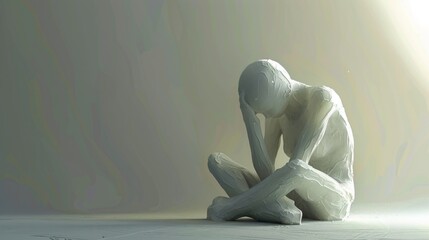 The image shows a stylized, symbolic representation of a person sitting in a fetal position