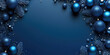 © syhin_stas - Christmas background with blue ornaments and fir tree branches on blue background. Elegant christmas greeting card design. Banner. Christmas and New Year! Flat lay, top view. Copy space. Mock up