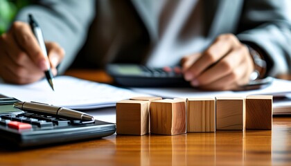 Wall Mural - Financial Planning on Wooden Cubes with Pen and Calculator