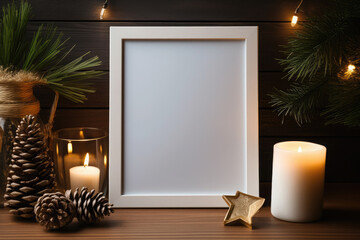 Wall Mural - White frame is surrounded by christmas decorations including candles, pine cones, pine tree branches and ornaments on a wooden surface. Merry Christmas and New Year! Copy space. Mock up