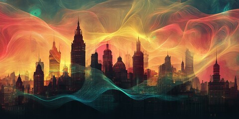 Sticker - Silhouetted cityscape with abstract colorful waves.