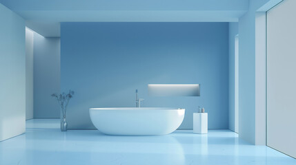 This serene blue bathroom features a spacious tub and incorporates minimalist decor, effectively creating a calming and tranquil atmosphere for relaxation