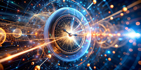 Fototapete - time warp: a vintage clock face warps through a vibrant, abstract digital landscape, symbolizing the