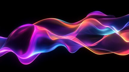 Abstract fluid 3D rendering of an iridescent holographic neon curved wave in motion on a dark backdrop. Suitable as a gradient design element for various applications, including banners, backgrounds