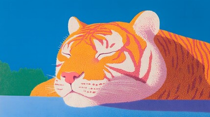 Sleeping tiger with bright orange stripes.