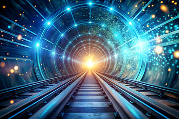Poster - Into the Digital Future: A futuristic train tunnel with shimmering lights and a bright, glowing portal at the end. This captivating image evokes a sense of innovation, progress, 