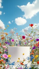 A white podium surrounded by wildflowers and a blue sky with clouds, an enchanting backdrop for product display.