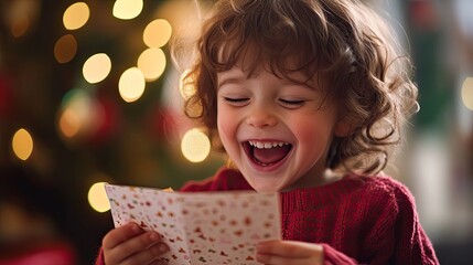 Sticker - A joyful child reading a card in front of a decorated Christmas tree.