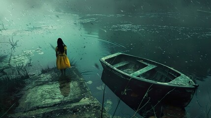 A woman in a yellow dress stands on a rocky shore, looking out at a small boat in a misty, green lake.