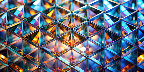 Poster - Prismatic Geometry: A kaleidoscope of iridescent triangles, refracting vibrant hues in a mesmerizing dance of light and form.  