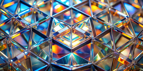Poster - Prismatic Geometry: A kaleidoscope of iridescent triangles, refracting vibrant hues in a mesmerizing dance of light and form.  