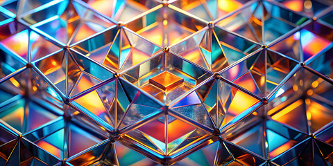 Poster - Prismatic Geometry: A kaleidoscope of iridescent triangles, refracting vibrant hues in a mesmerizing dance of light and form.  