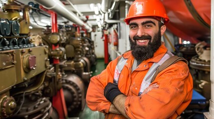 Aufkleber - Smiling Engineer in Hard Hat and Coverall with Folded Arms, Industrial Machine Room Background