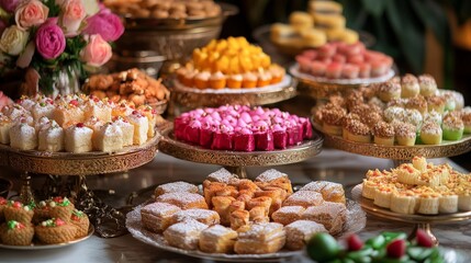 Aufkleber - Generate a scene of a traditional Eid Mubarak dessert table with a variety of sweet treats and pastries.
