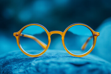 Yellow round glasses on blue surface, stylish eyewear for modern look, optical fashion accessory, clear lens glasses for vision improvement, vibrant spectacles, trendy eyewear

