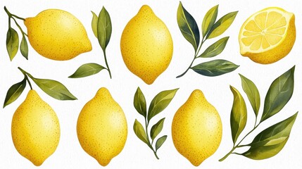 Poster - Watercolor Lemon Illustration   Citrus Fruits  Leaves  and Slices