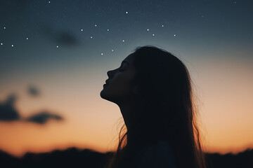 silhouette of woman gazing at stars, peaceful night sky with dreamy atmosphere, stargazing under twi