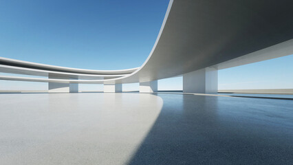 Poster - 3d render of abstract curve structure futuristic architecture with empty concrete floor, scene for car presentation