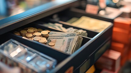 Illustrate a cash register with a drawer full of bills and coins, set in a retail environment