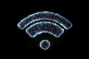  Isolated silhouette of a clean and minimal Wi-Fi symbol representing wireless internet connectivity, crafted in a wireframe plexus style with binary code elements, emphasizing digital connection