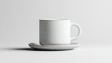 A minimalist white cup with a saucer, designed for serving beverages.