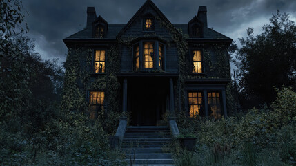 A haunted house with dark, shadowy figures visible in the windows, surrounded by overgrown weeds.