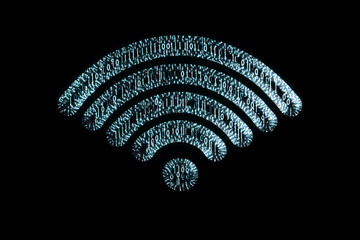  Isolated silhouette of a clean and minimal Wi-Fi symbol representing wireless internet connectivity, crafted in a wireframe plexus style with binary code elements, emphasizing digital connection