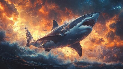 A surreal vision of a shark, blending dreamlike colors and fantastical elements for an imaginative and otherworldly scene.