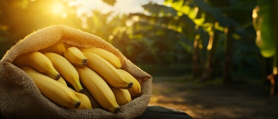 Wall Mural - Fresh Bananas in a Burlap Sack.