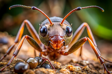 Ant's Kingdom: A macro portrait of an ant in its natural habitat, showcasing its intricate details and the bustling world beneath our feet. 