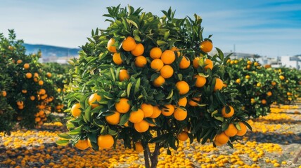 Vibrant oranges on a tree in southern Spain, with bright green foliage and clear sky