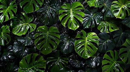 Wall Mural - Lush Green Monstera Leaves with Water Droplets