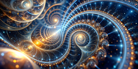 Poster - cosmic whirlpool of energy: an abstract fractal art piece swirling with vibrant blue and golden hues