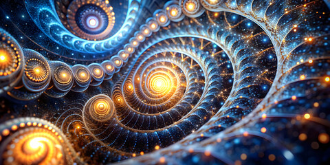 Poster - cosmic whirlpool of energy: an abstract fractal art piece swirling with vibrant blue and golden hues