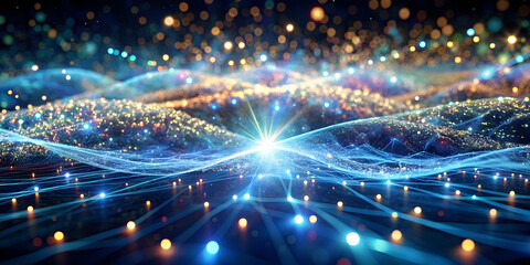 Poster - Cosmic Data Streams: A mesmerizing spectacle of vibrant lights forming ethereal waves, symbolizing the flow of information and the interconnectedness of the digital age. 