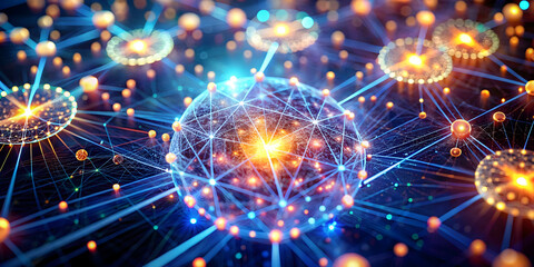 Poster - Illuminated Network Nexus: A vibrant, interconnected network of glowing nodes pulses with energy, symbolizing the power of data and technology.