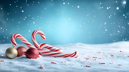 Falling candy canes and holiday decorations against a snowy background