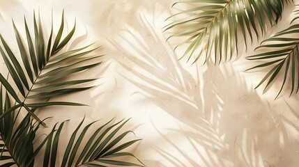 Wall Mural - Palm Leaves Cast Shadows on Beige Background