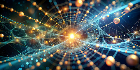 Poster - Cosmic Web of Connections: A mesmerizing abstract art piece showcasing a network of interconnected spheres, radiating a luminous glow, evokes the vastness and intricate nature of the universe, technol