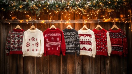 Cozy Christmas sweaters hang from a rustic wooden fence adorned with twinkling lights.