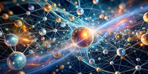 Poster - quantum network nexus: a radiant orb pulsates with energy, its golden nodes interconnected within a 