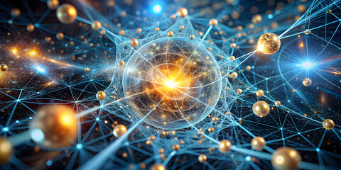 Poster - quantum network nexus: a radiant orb pulsates with energy, its golden nodes interconnected within a 
