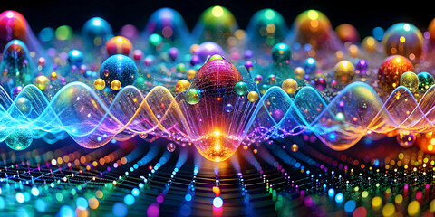 Poster - Chromatic Symphony: A mesmerizing dance of vibrant, iridescent spheres pulsating with energy, set against a dark backdrop, evoking a sense of wonder and the magic of the unseen. 