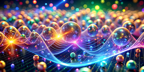 Poster - Chromatic Symphony: A mesmerizing dance of vibrant, iridescent spheres pulsating with energy, set against a dark backdrop, evoking a sense of wonder and the magic of the unseen. 