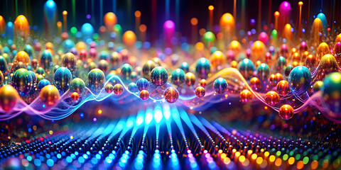 Poster - Chromatic Symphony: A mesmerizing dance of vibrant, iridescent spheres pulsating with energy, set against a dark backdrop, evoking a sense of wonder and the magic of the unseen. 