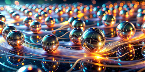 Poster - Abstract Sphere Network:  A mesmerizing abstract artwork depicting a network of interconnected spheres, bathed in a vibrant kaleidoscope of light. Each sphere reflects the surrounding energy, creating