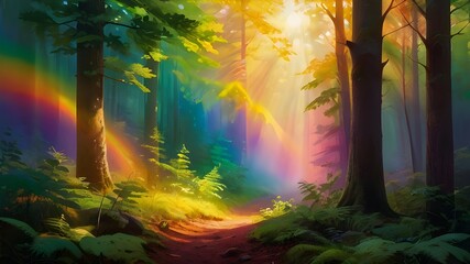 Wall Mural - Colorful forest with light shining in