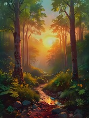 Wall Mural - Colorful forest with light shining in