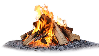 Campfire isolated on white background. Closeup of a pile of firewood burning with orange and yellow flames