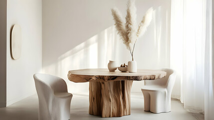 A minimalist dining space featuring a wooden table, two chairs, and decorative plants.